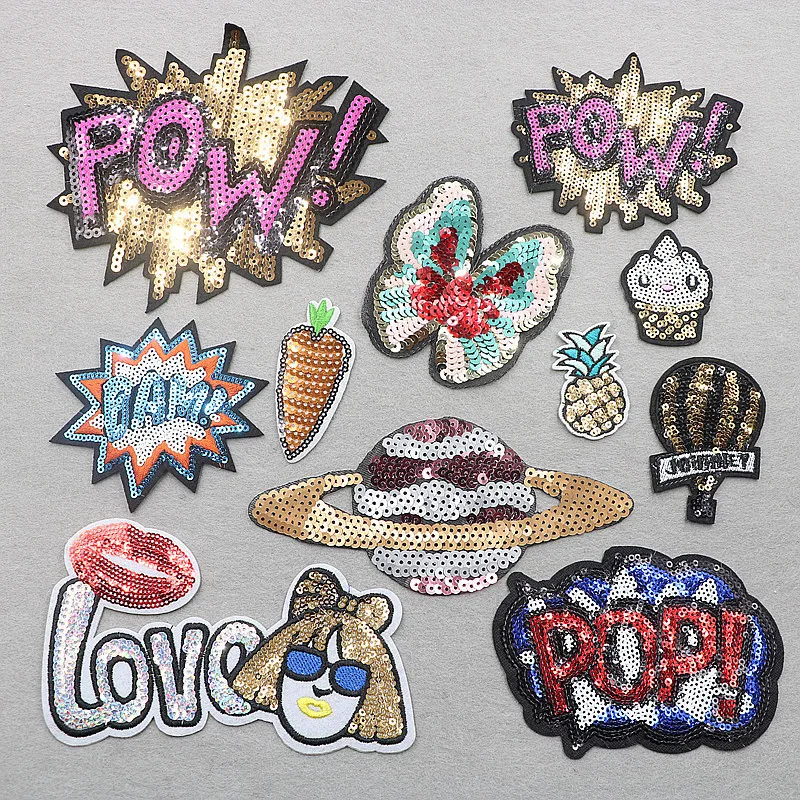 PGY 1PCS Cheap Embroidered Applique Flower Reversible Sequin Iron On Letter Patches for Jeans Cartoon Airsoft Fruits Patches