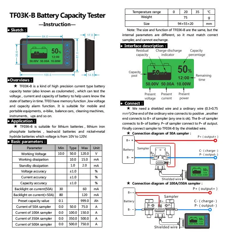 DC 500A 350A 100A 50A Coulomb Meter Lithium Battery Monitor Indicator Capacity Voltage current Electricity meter electric CAR RV