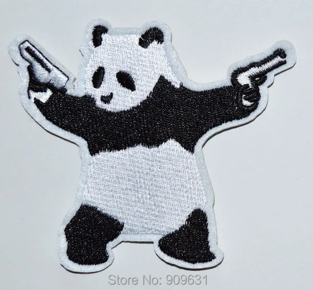 New ! Cool & Cute PANDA BEAR wielding pistols guns EMBROIDERED IRON ON PATCH banksy