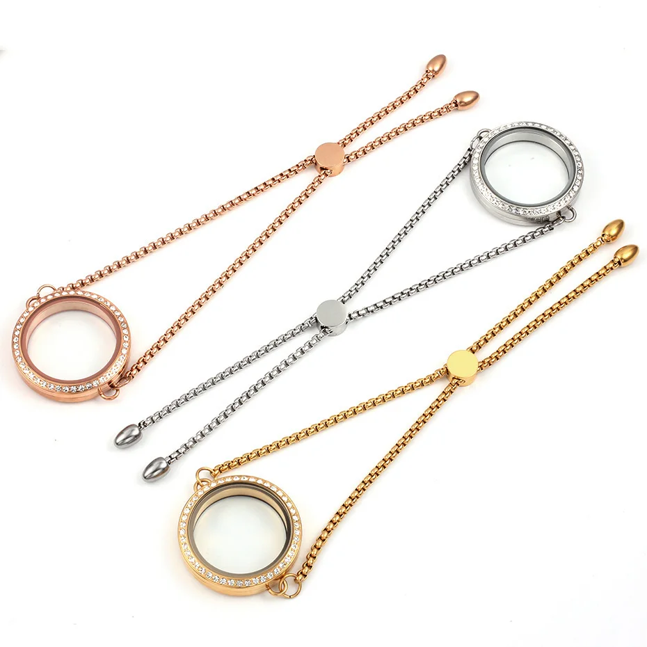 Carvort Twist Waterproof Floating Charms Glass Locket with Crystals Bracelet 316L Stainless Steel Pendant with Adjustable Chain