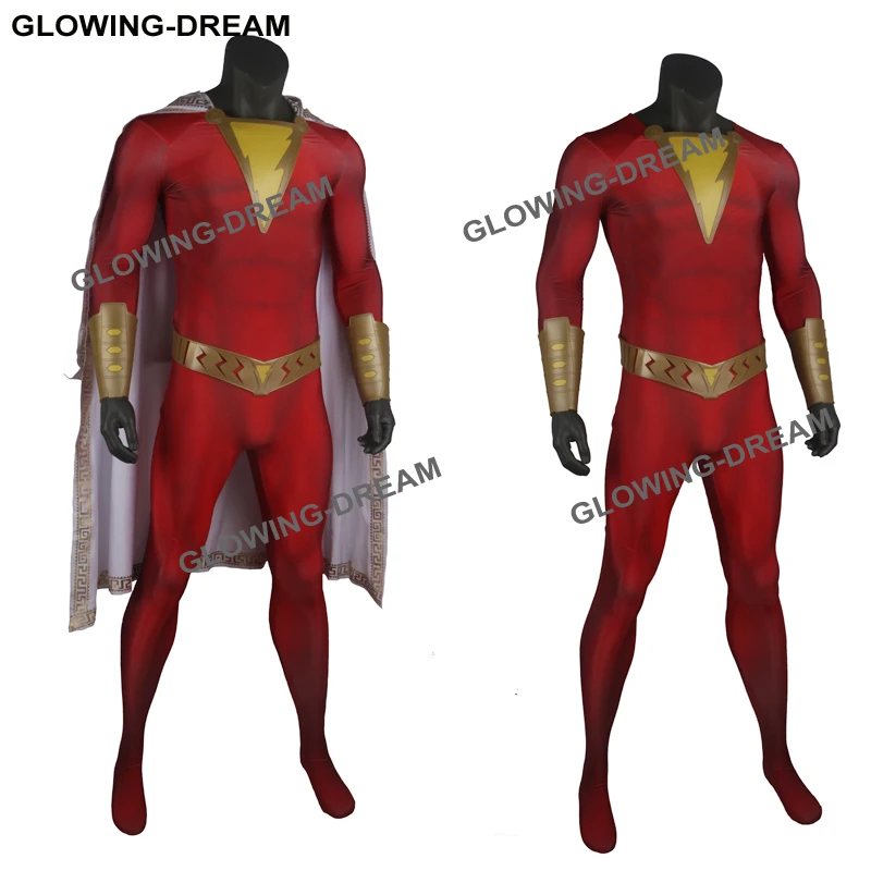 Glowing-Dream High Quality Shazam Cosplay Costume With Cape Muscle Shade Shazam Outfit For Man Rubber Accessory Shazam Suit