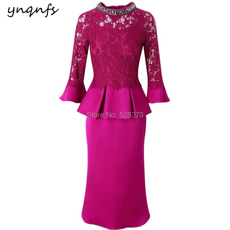 YNQNFS M142 Crystal High Neck Fuchsia Mother of the Bride Lace Dresses 3/4 Sleeve Robe Cocktail Vestido Festa Party Gown 2019