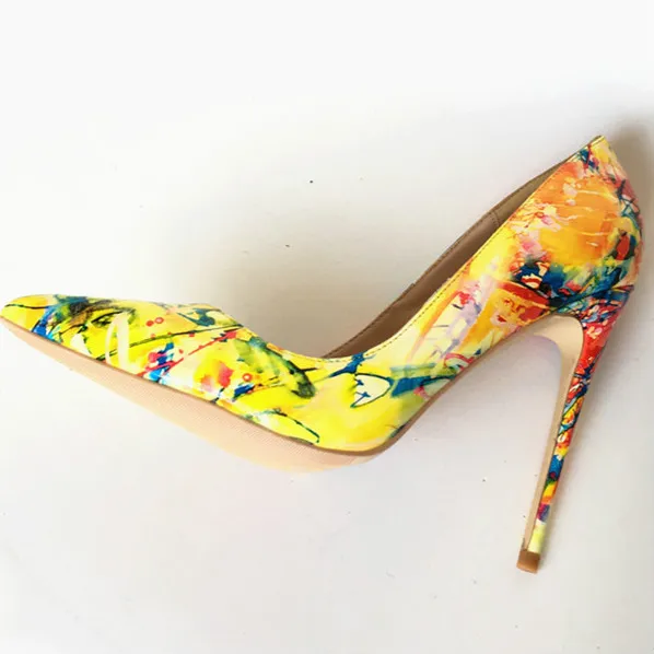 New Sexy Women Pumps Yellow Printed Pointed Toe Thin Heels Pumps Party Shoes Woman Plus Size 34-45