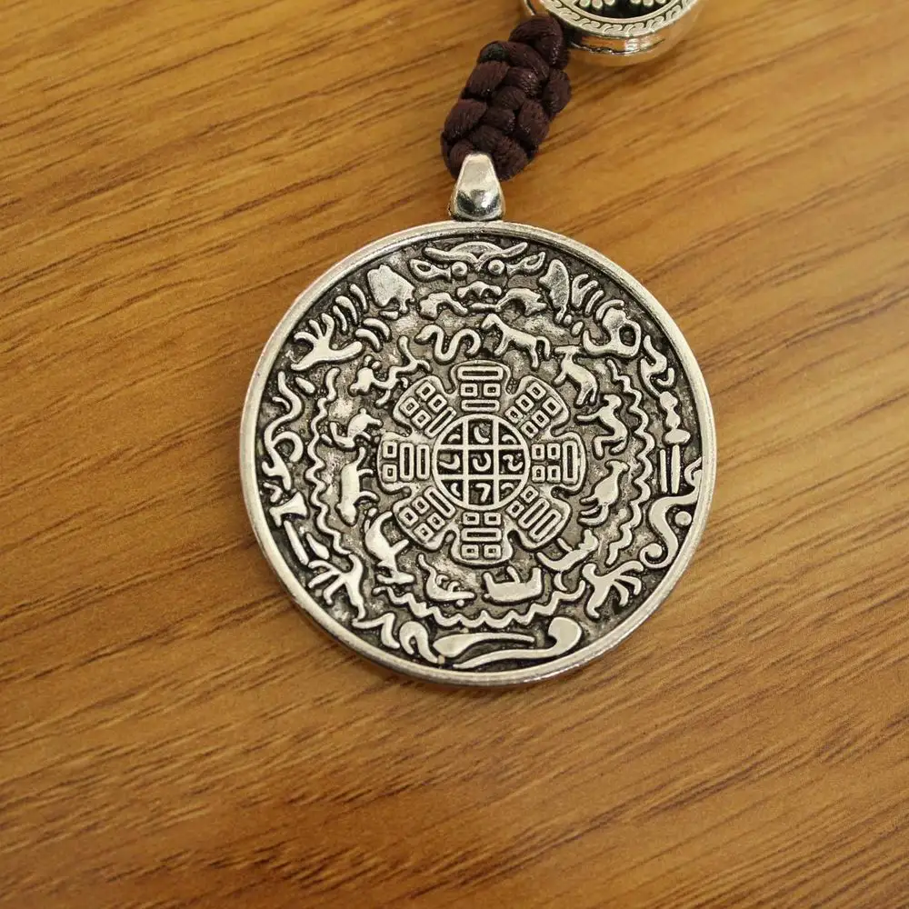 PN027 Tibetan Silver Men Amulet Key Chain Jiugong Bagua Charms Pendant Handmade Lucky Knot Amulet Pendant