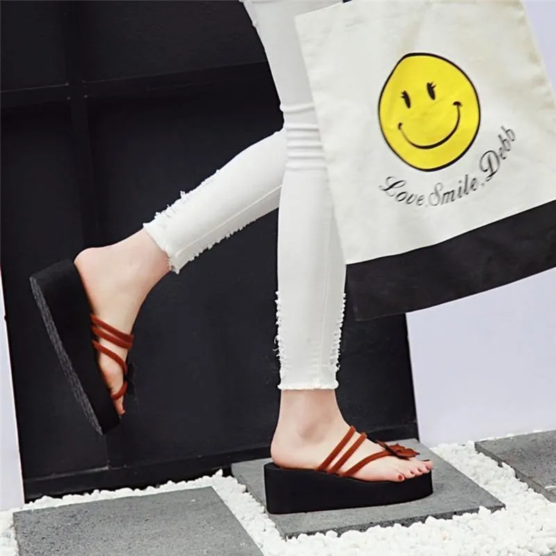 Summer 6cm High Heels Wedge Shoes Women Flip Flops Thick Platform heeled Women Slippers Sweet Flowers Clip Toe Outdoor Sandals