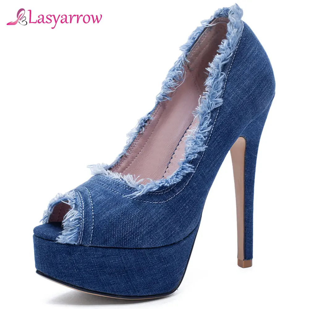 Lasyarrow 2019 Women Pumps Thin Super High Heel Peep Toe Denim Tassel Fashion Shoes Slip on Spring Summer Platform Shoes J758