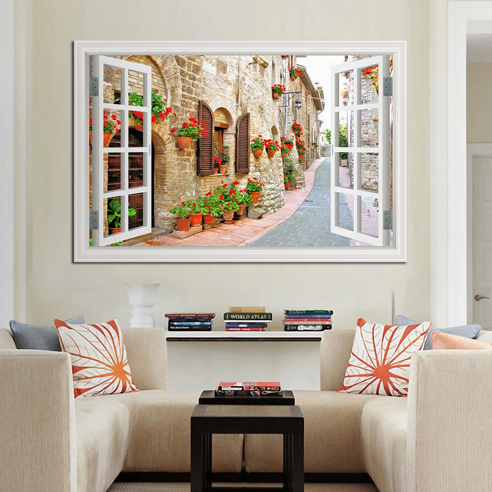 3D Window View Wall Sticker, European Town Street Picture Poster, Landscape Vinyl Decal, Wallpaper for Home Living Room Decor