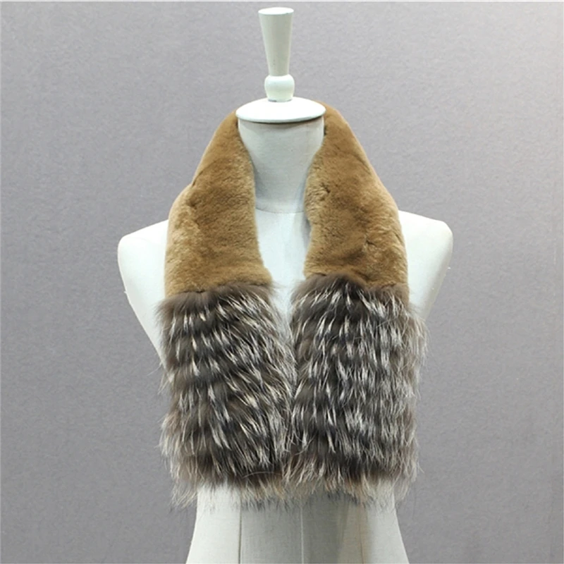 

IANLAN New Winter Solid Wraps Magnet Closure Womens Full-pelt Rex Rabbit Fur Scarves with Raccoon Fur Trimming Mufflers IL00523