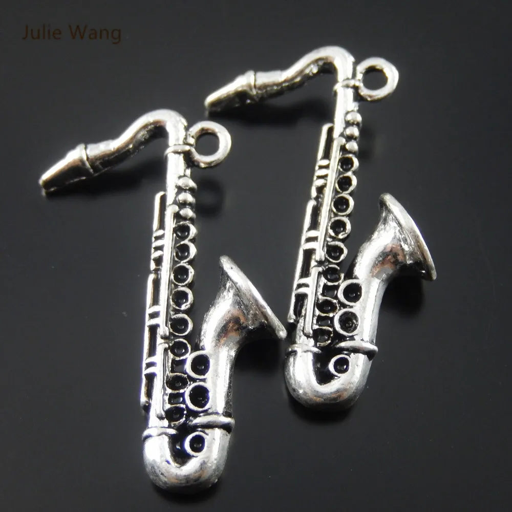 Julie Wang 2/5/10PCS Sax Shape Charms Alloy Antique Silver Color Necklace Jewelry Making Pendant Musical Instrument Accessory