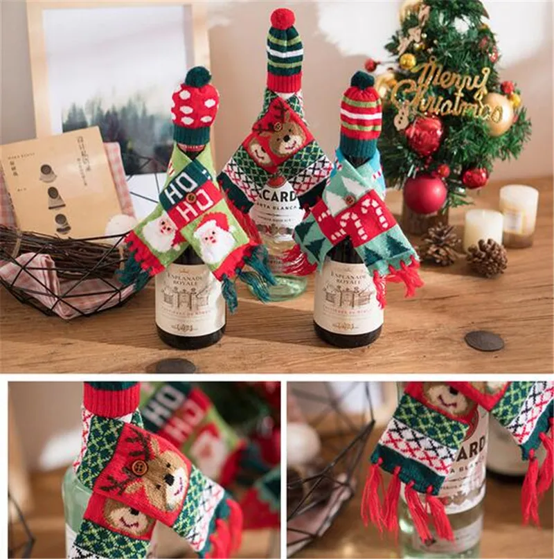 Hot 500pcs Christmas Wine Bottle Cover Clothes Xmas Santa Reindeer Table Bottle Decoration for Party