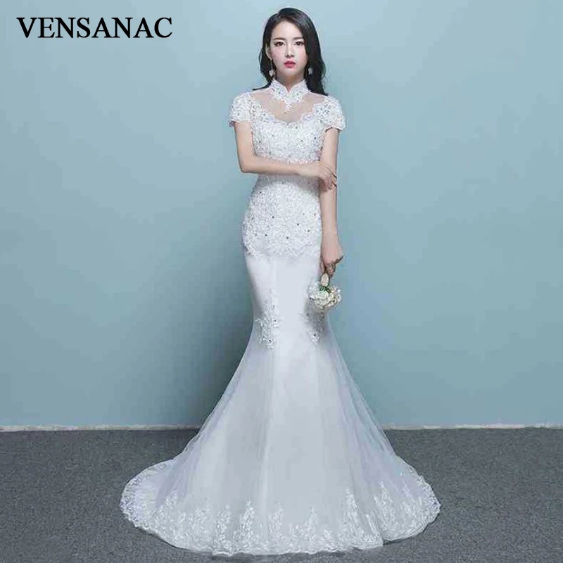 

VENSANAC Crystal High Neck Lace Appliques Sweep Train Mermaid Wedding Dresses Short Cap Sleeve Backless Bridal Gowns