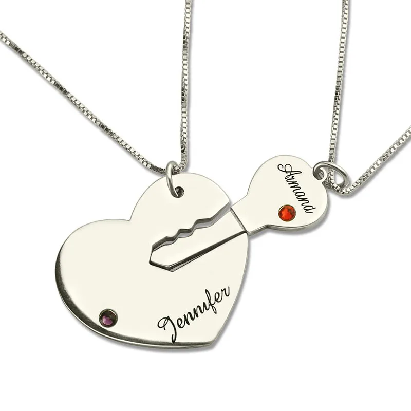 Amxiu Two Pieces 925 Sterling Silver Heart Key Necklaces Custom Names Pendant Necklace with Birthstones Jewelry for Couple Gift