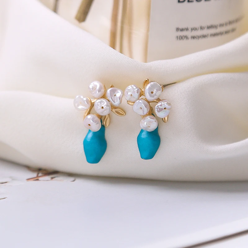 Vanssey Fashion Vintage Jewelry Flower Flowerpot Van Gogh Natural Irregular Pearl Stud Earrings Accessories for Women 2019 New