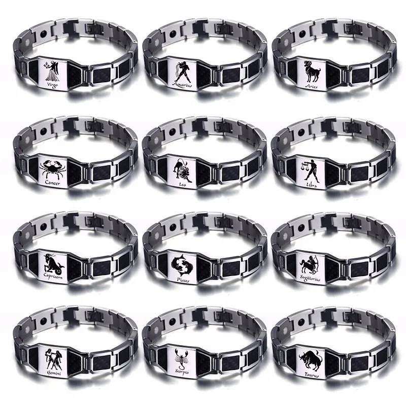 Vnox Gents Carbon Fiber Bracelets for Men Twelve Constellation Gemini Leo Engraved Stainless Steel Bio Energy with tool