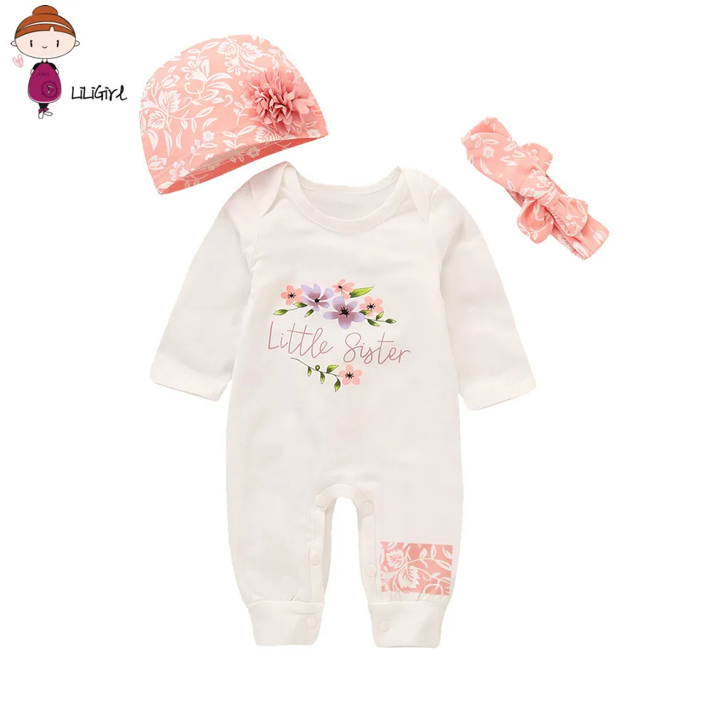 LILIGIRL Newborn Clothes  Spring Autumn Infant Baby Girls Boys Letter Print Romper Jumpsuit Animal Headband Outfits Set