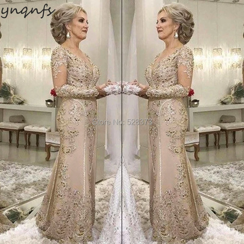 

YNQNFS M07 Lace Appliques Long Sleeves Mermaid Vestidos Formal Dress Women Elegant 2020 Mother of the Bride Dresses Champagne