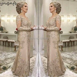 YNQNFS M07 Spitze Appliques Langen Ärmeln Meerjungfrau Vestidos Formales Kleid Frauen Elegante 2020 Mutter der Braut Kleider Champagner