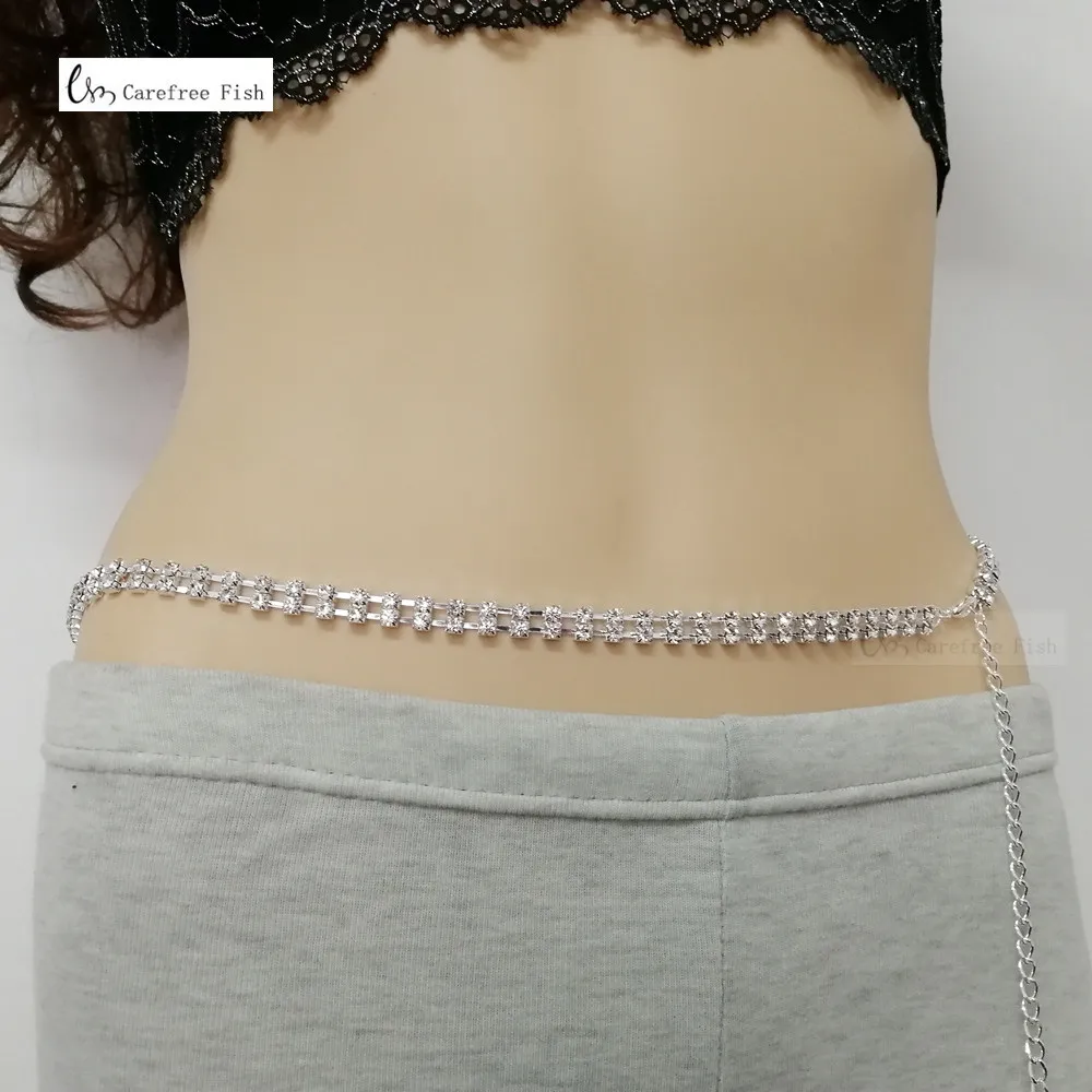 Sexy brilhante prata strass cristal corpo corrente barriga cintura inferior para trás corrente barriga para dança do ventre verão jóias