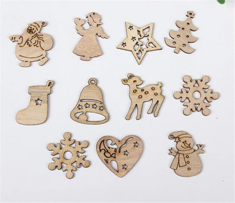 Hot 200sets 50 pcs set DIY Natural Wooden Chip Christmas Tree Hanging Ornaments Pendant Kids Gifts Snowman Tree Shape Xmas