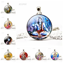 Krishna and Radha Amulet Necklace Glass Cabochon Jewelry Chain Lakshmi Pendant Hinduism Lord Shiva Necklace Women Gifts