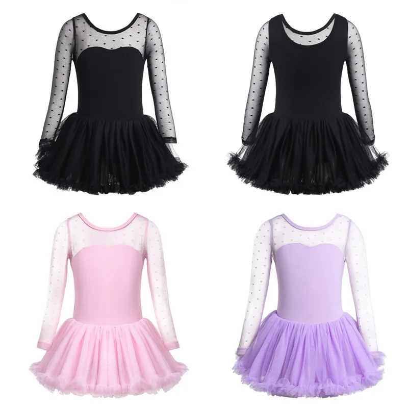 TiaoBug Children Girls Ballet Tutu Leotard Dress Cotton Polka Dots Mesh Long Sleeve Gymnastics Leotard Kids Stage Dance Costume