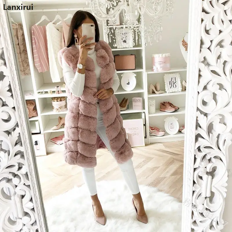 Warm Faux Fur Fox Vest Women Winter Casual Artifical Fur Warm Coat Super X-Long Waistcoat Female Faux Furs Wholesale