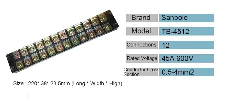 TB-4512 45A 12P Connections Copper 12 Positions Dual Row Barrier Screws Terminal Block Wire Connector 0.5-4mm2