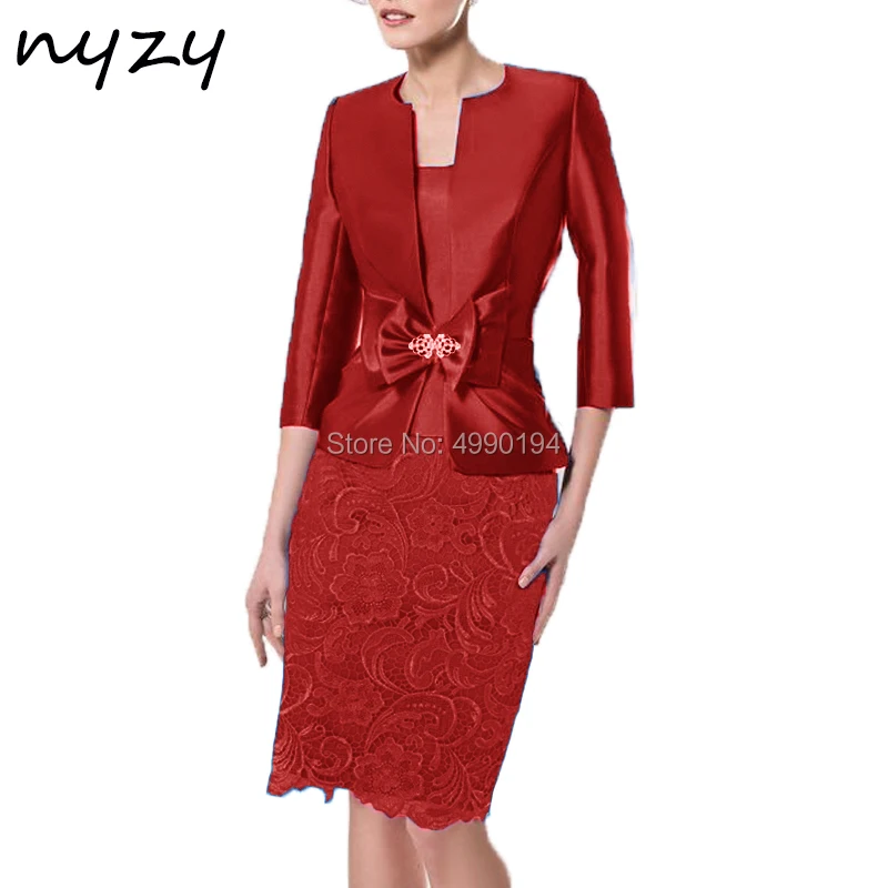 Nyzy m118c duas peças borgonha mãe da noiva vestidos plus size com jaqueta festa de casamento ternos da igreja vestido madrinha