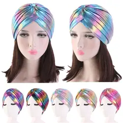 Women Glitter Turban Caps Muslim Head Rainbow India Cap Headwrap Chemo Hair Loss Hat Islamic Headscarf Bonnet Beanies