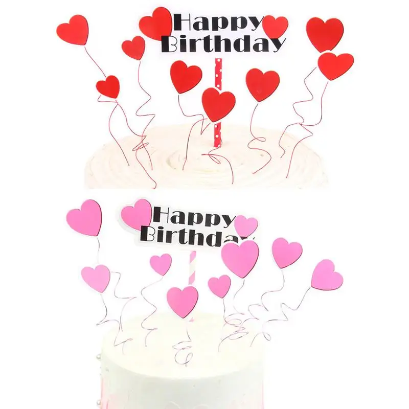 New Happy Birthday Cake Topper Heart Shape Letter Pink Red Cake Top Flag Decoration for Boy Birthday Party Wedding Supplies