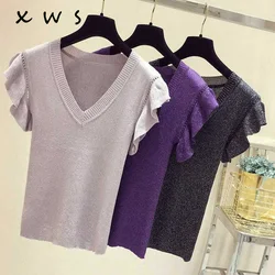 shiny lurex summer sweater women butterfly sleeve pullover women basic sweater women 2022 korean glitter knit top female