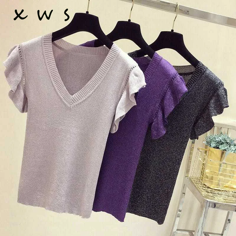 shiny lurex summer sweater women butterfly sleeve pullover women basic sweater women 2022 korean glitter knit top female