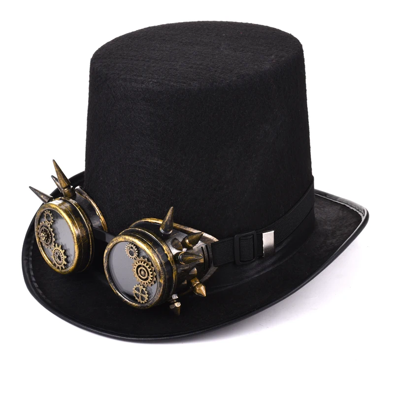 Steampunk Men Women Steampunk Top Hat Gears Spike Goggles Cosplay Costume Gothic Hat Black