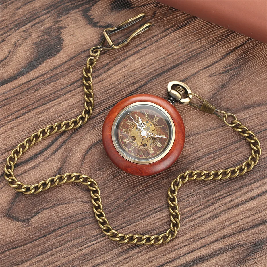 Red Wooden Mechanical Pocket Watch Automatic Self-Wind Pocket Pendant Clock Luxury Watch for Men Women with 30cm Bronze Chain