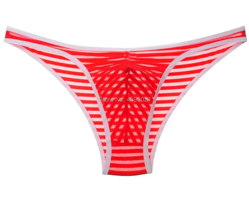 Men\'s Striped Briefs Stretchy Mesh Breathable Translucent U Convex Bikini Brief Pants