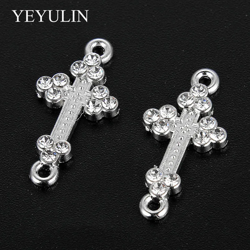 DIY Pendant Necklace Jewelry Findings  10 Pcs White K Alloy Crystal Religion Cross Connectors Beads Bracelet Charm