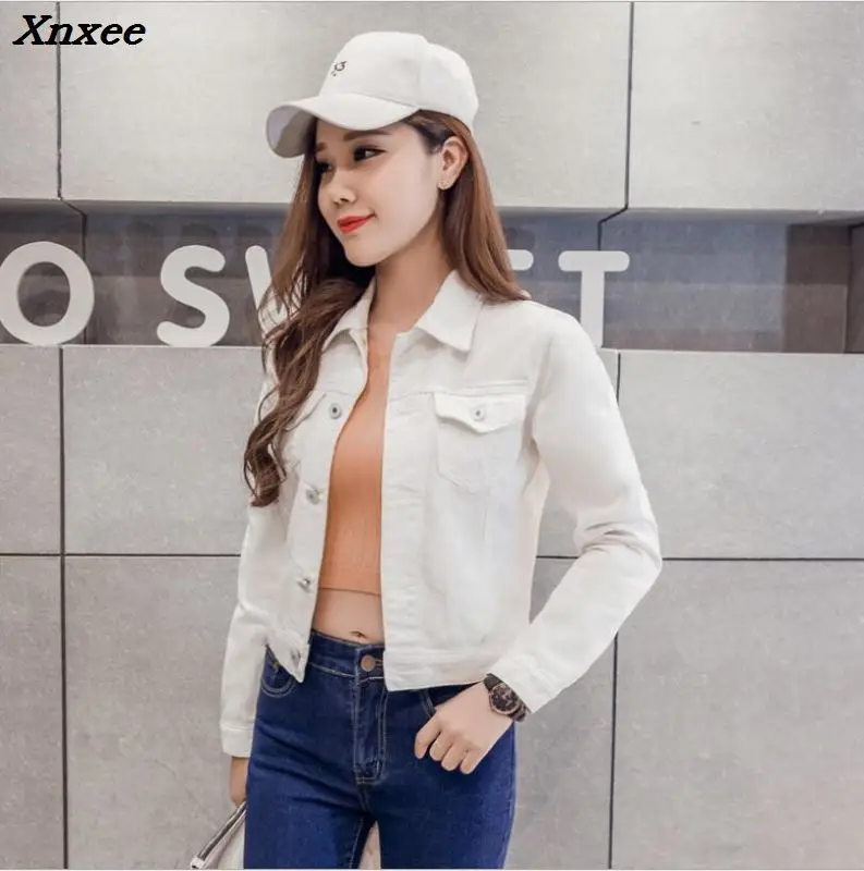 

Women jeans jacket long sleeve stretch short denim jacket coats autumn coat fashion button up pockets lapel jacket Xnxee