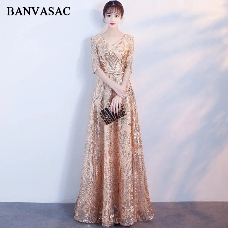 

BANVASAC V Neck 2019 Sequined A Line Long Evening Dresses Party Half Sleeve Metal Leaf Sash Zipper Backless Prom Gowns