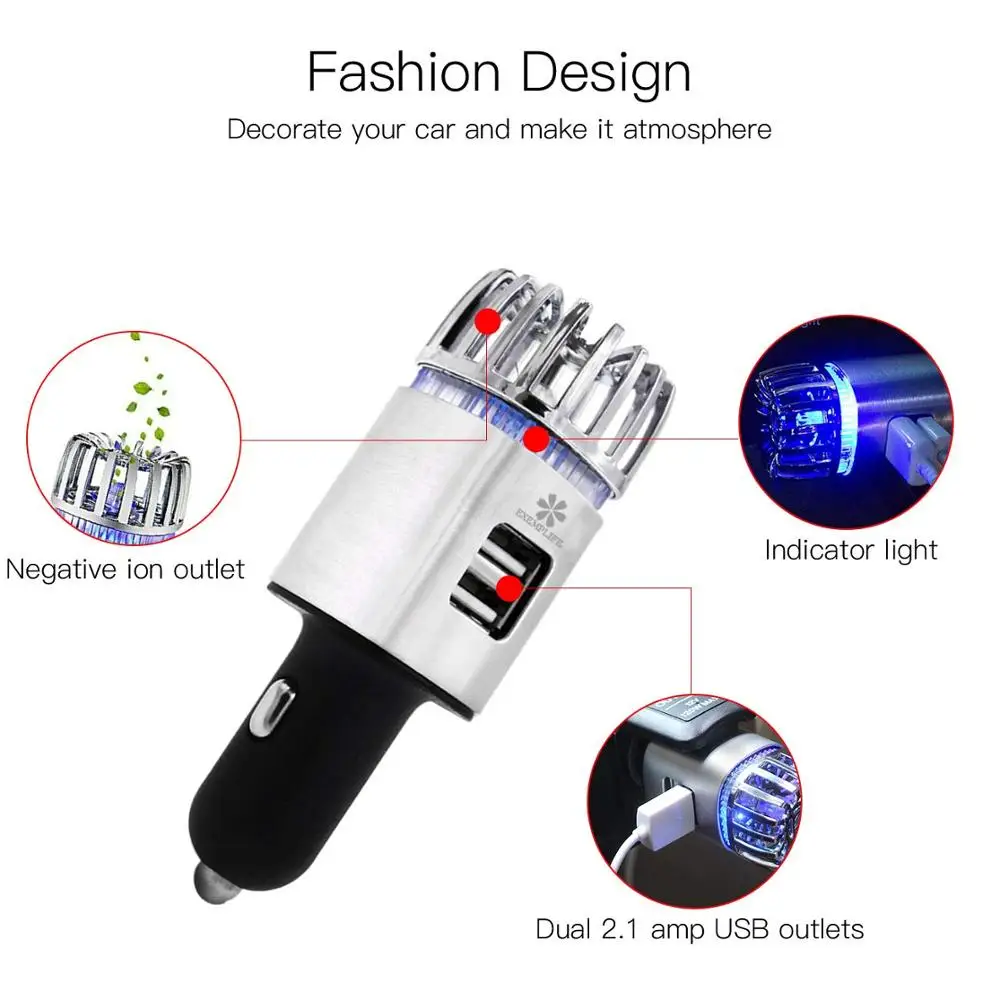 Adattatore per deodorante per purificatore d'aria per auto con 2 porte USB ionizzatore d'aria per auto rimuovi fumo cattivo odore e odori caricabatteria per auto