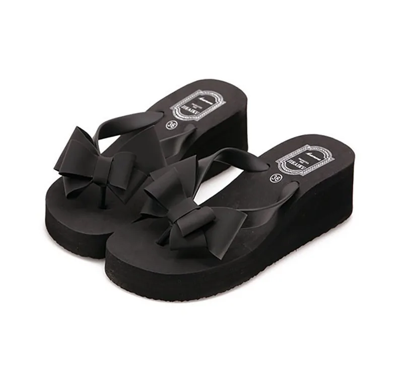 Summer Flip Flops Women Fashion Sandals Shoes Womens Beach Slippers Bowknot Wedge Med Heel Flip Flops Lady Slippers Black Pink