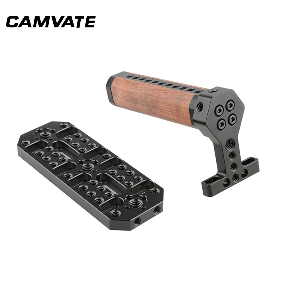 CAMVATE Wooden Handle With Mounting Cheese Plate & Cold Shoe &1/4"-20 Mounting Holes For DSLR Camera(Blackmagic URSA Mini Camera