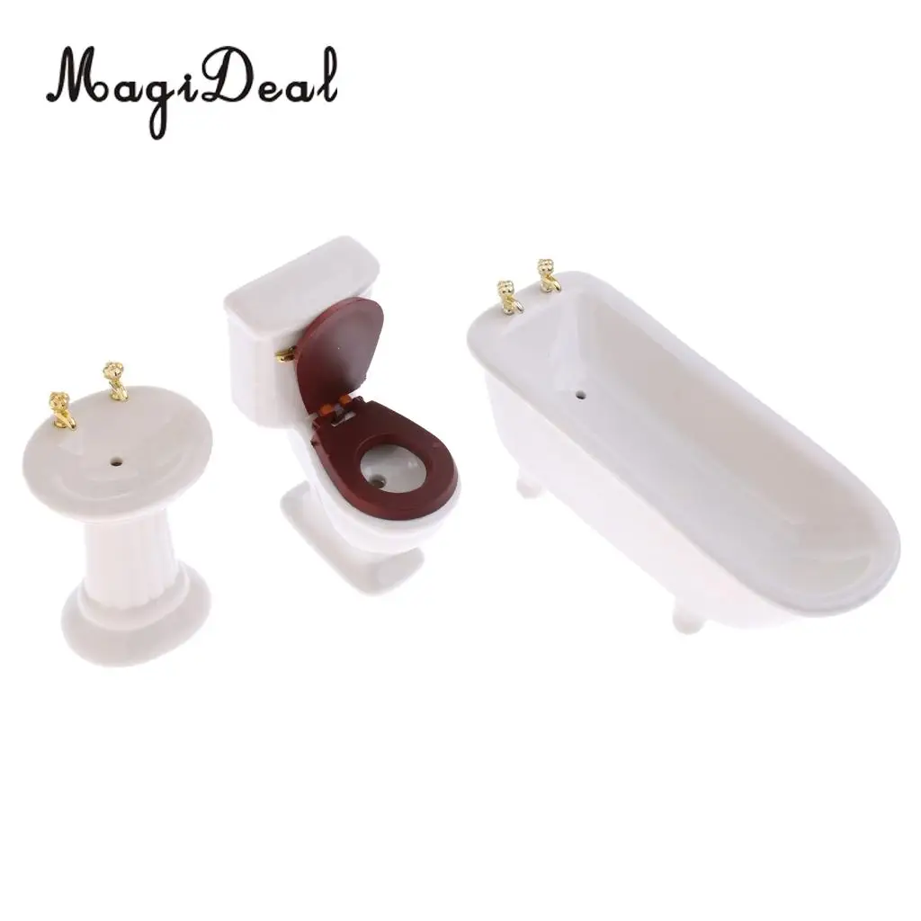 3Pcs/Set 1/12 Scale Modern White Ceramic Bathroom Bathtub Toilet Set for Dollhouse Miniature Furniture Acc Decoration