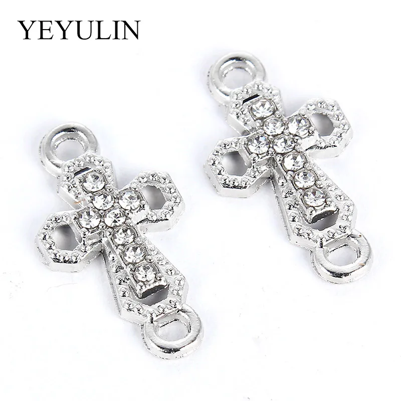 DIY Pendant Necklace Jewelry Findings  10 Pcs White K Alloy Crystal Religion Cross Connectors Beads Bracelet Charm