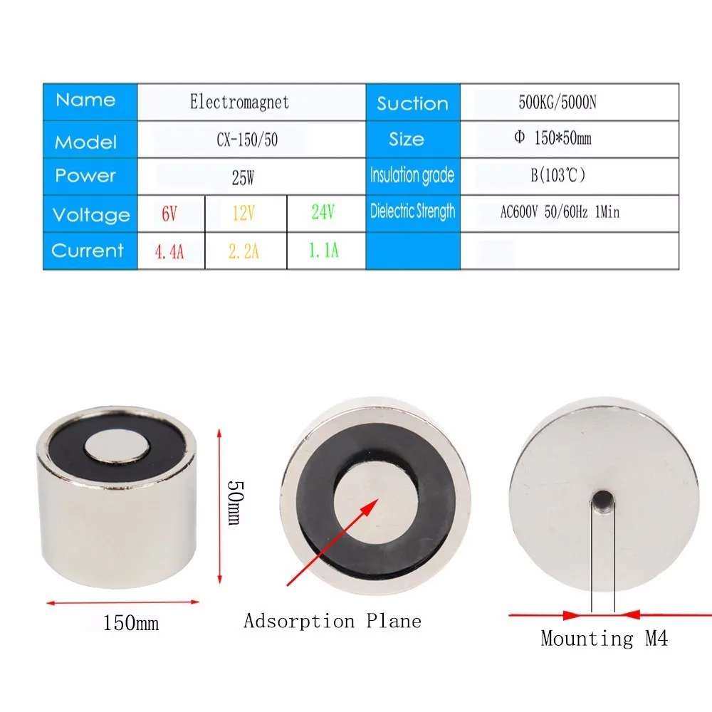 Imagem -05 - Grande Suction500 kg dc v 12 v 24 v Grande Eletroímã Solenóide Elétrico Levantamento Eletroímã Ímã Forte 150*50 mm