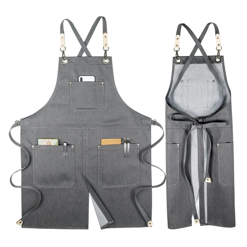 

Black Gray Denim Apron Crossback Cotton Straps Waitstaff Barista Bartender Pastry Chef Uniform Barber Florist Work Wear E24