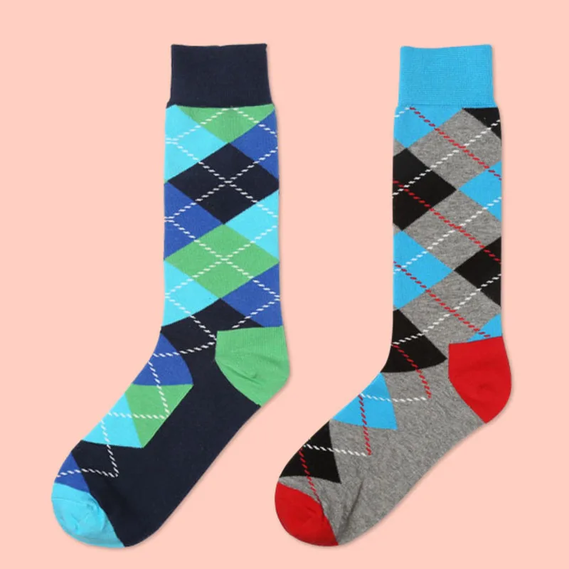 

Fashion Contrast Color Rhomboid Lattice Male Socks Casual Cotton Happy Funny Skate Harajuku Hip Hop Men Dress Socks Ventilation