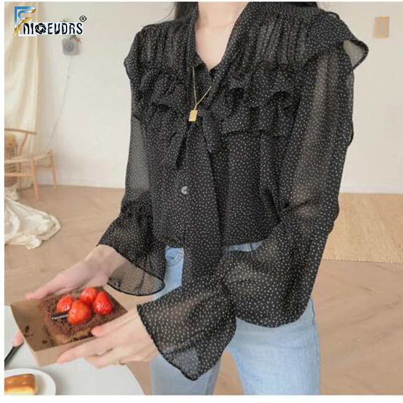 Chiffon Blouses Shirts 2019 Design Women Tops transparent Flare Sleeve Red Black Dot Ruffled Loose Button Shirt camisas feminina