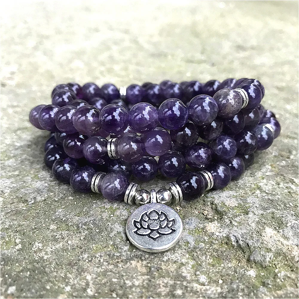 8mm Natural Beads Amethysts 108 Mala Bracelet or Necklace OM Lotus Charm Yoga Bracelet Handmade Jewelry Purple