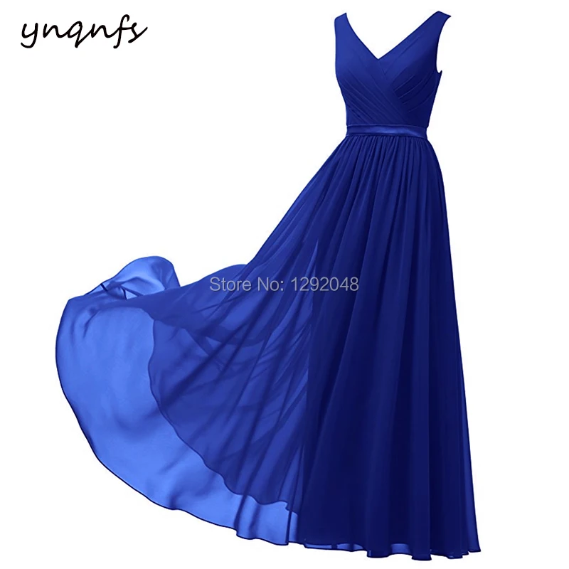 Ynqnfs M38 Đơn Giản Cổ V Một Dòng Voan Đầm Vestido Longo Cho Tiệc Cưới Khách Blue/Navy, Màu Tím burgundy/Xanh Xếp Ly Eo Thời Trang