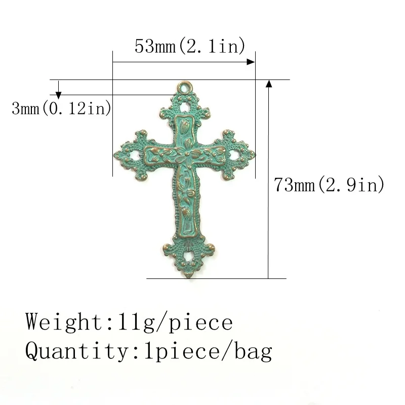 1pcs Patina Plated Zinc Alloy Green Religious Cross Charms 73*53MM Big Pendants For DIY Punk Necklace Accessories